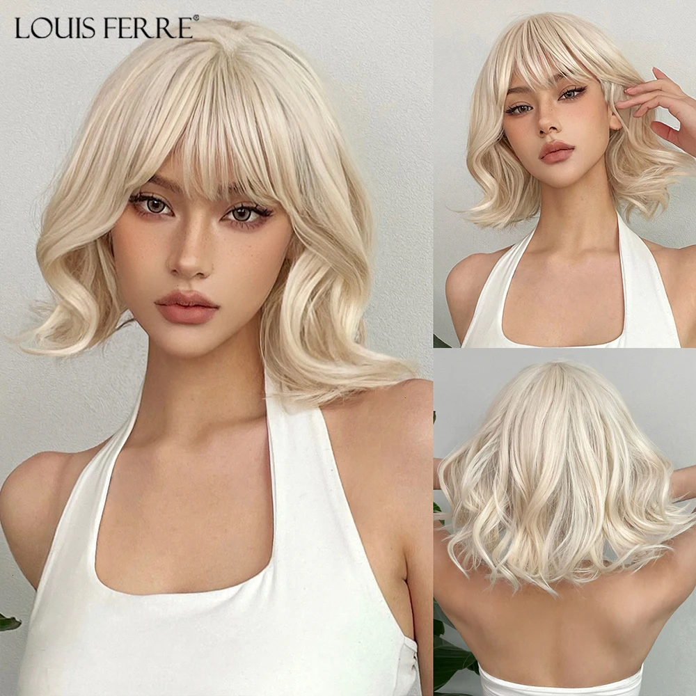 LOUIS FERRE Short Synthetic Wig White Light Blonde Natural Hair Bob Wig for Women With Bangs Cosplay Daily Heat Resistant Wig