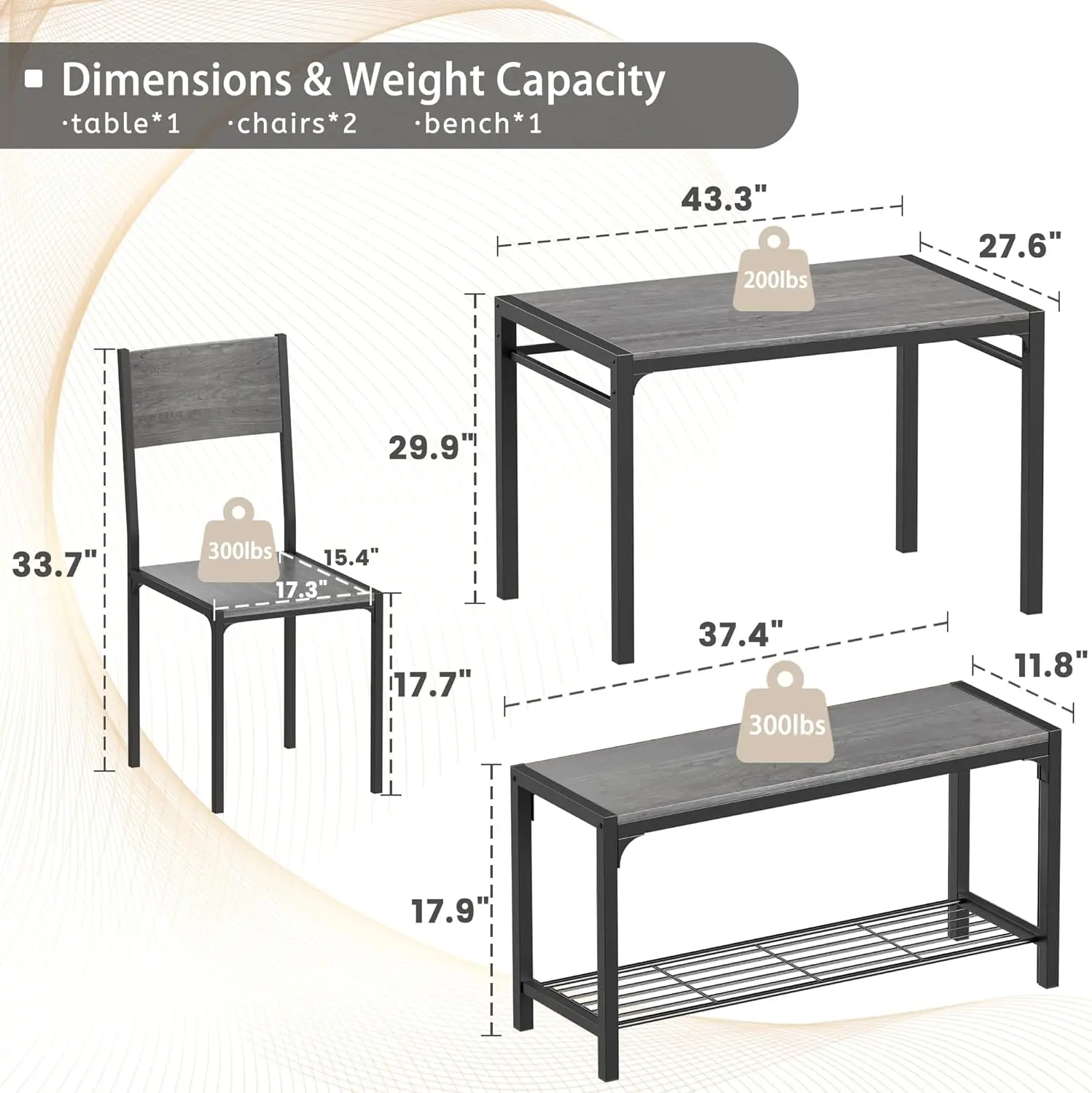 Table Set for 4, Kitchen Table with Bench & 2 Chairs Modern Rectangular Metal Frame Dining Furniture Set for Small Space (Grey)