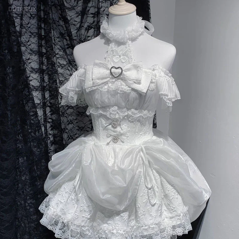 Japanese Halter Fairy Sweet Bow Lolita Dress Women Vintage Lace Patchwork Dresses 2026 Summer Y2k Aesthetic A-Line Mini Vestidos