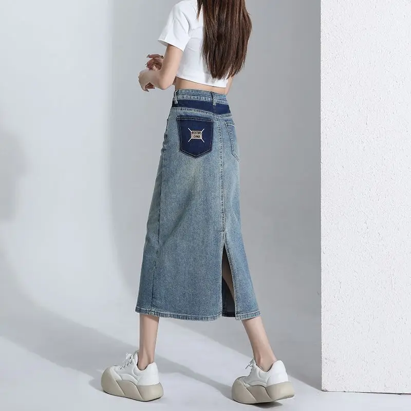 

Split Denim Skirt for Women High Waist Loose A-line Dress Korean Elegant Solid Versatile 2025 Summer Fashion Mid Length Skirts