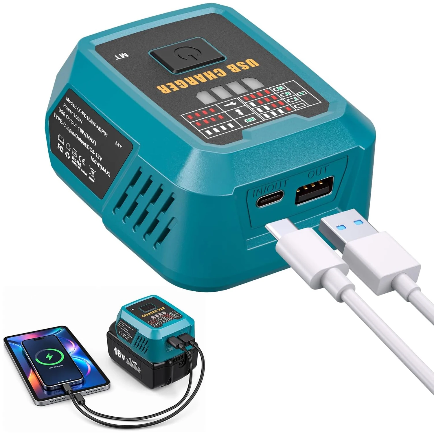 100W USB-C-Ladegerät passend für Makita 18V-Akku, Netzadapter mit USB-A-Anschluss, Ladehub für Handys & Tablets (nur Werkzeug) – Detail 1