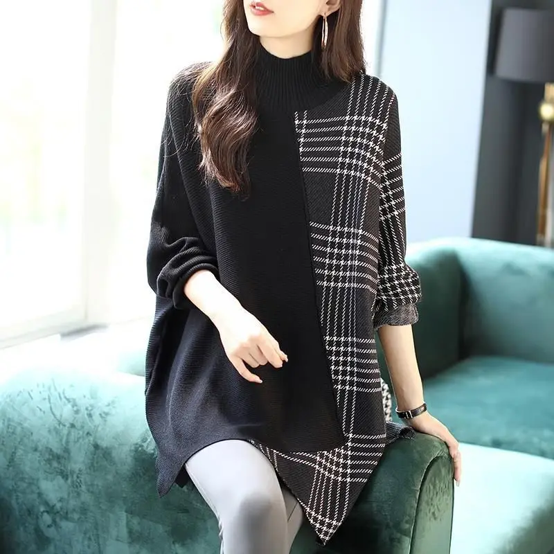 Fashion Turtleneck Spliced Plaid Batwing Sleeve Asymmetrical Sweater Women Clothing 2024 Autumn Casual Pullovers Irregular Tops