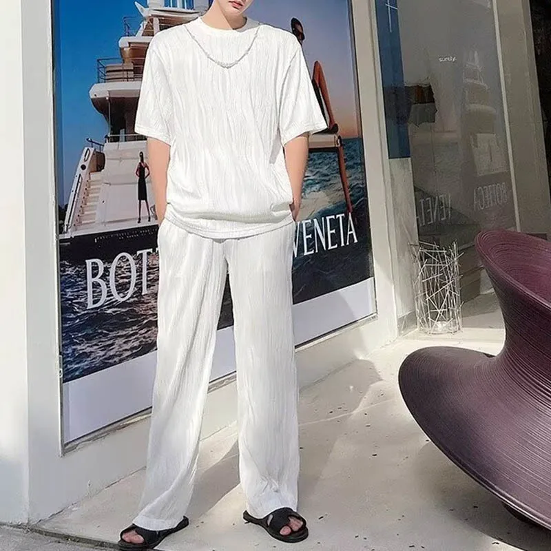

Summer Men's Ice Silk White Black Tracksuits Round Neck T-Shirt And Draped Pants Two Piece Sets Man Casual Loose Wrinkle Outfits