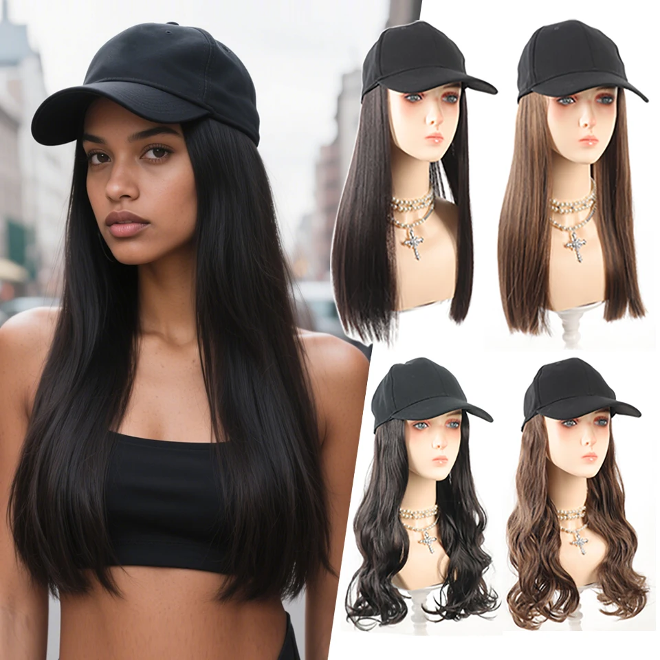 Long Wavy Curly Synthetic Wig Baseball Cap Hair Extensions Hat Wigs Black Brown Adjustable Hairpiece for Women