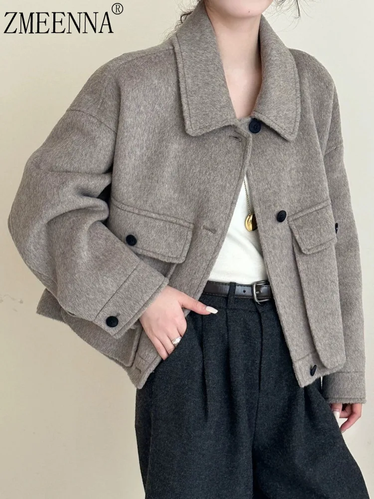 

ZMEENNA Stylish Wool Blend Coat For Women With Collar And Cuffs Elegant Winter Outerwear Pockets Warm Jacket ZM4086