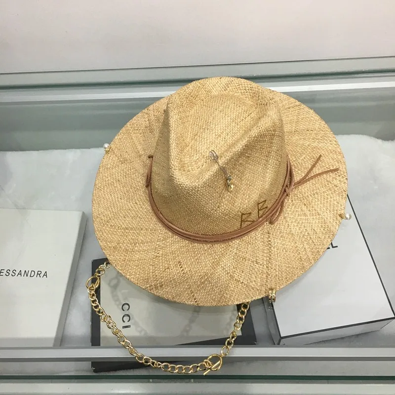 2022 summer raffia sunhat for women with chain and pin women\'s straw Panama Hat