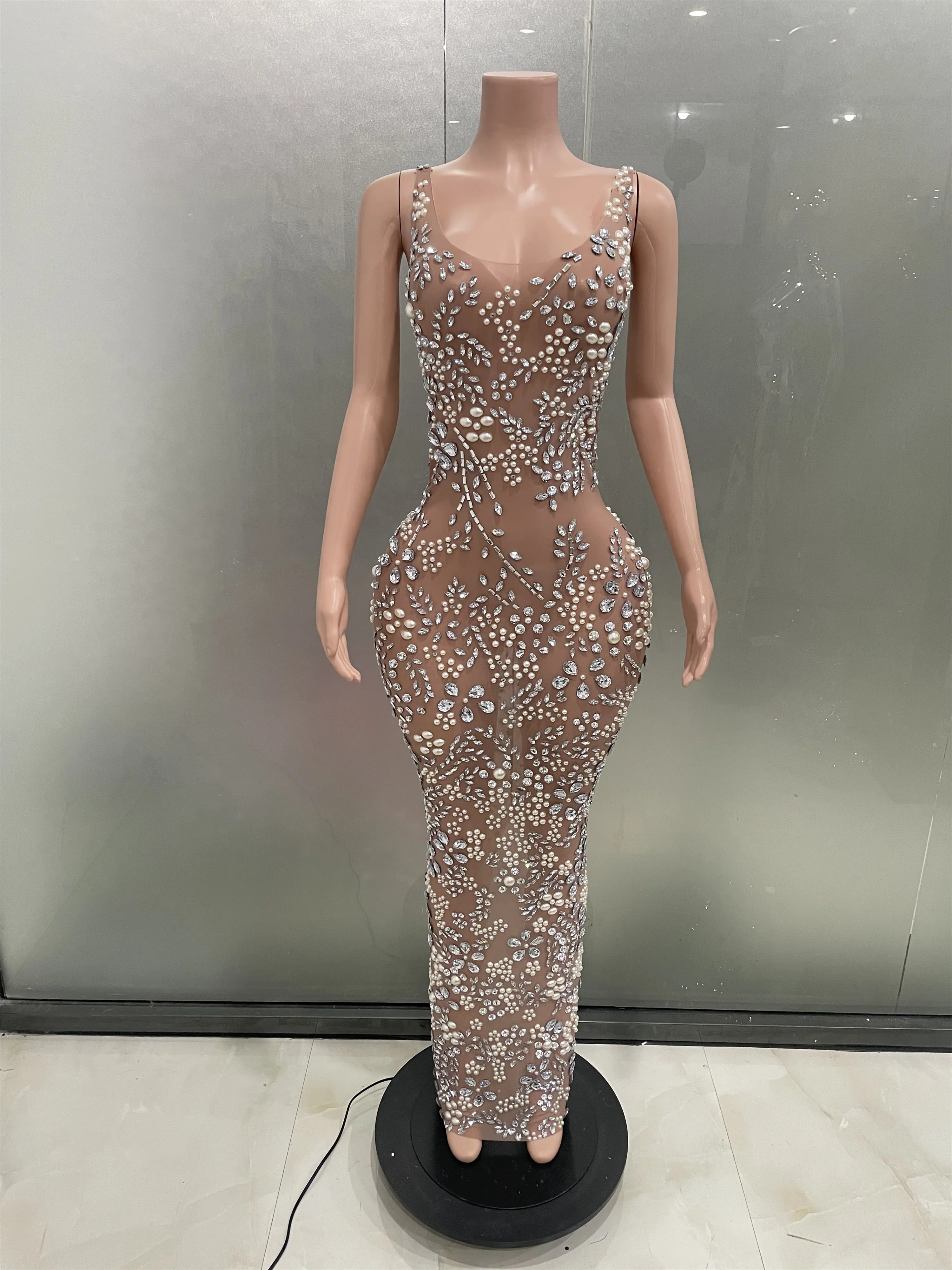 

Rhinestone Mesh See Through Long Dress Women Evening Party Birthday Wedding Celebrity Dress Stage Wear Prom Gown