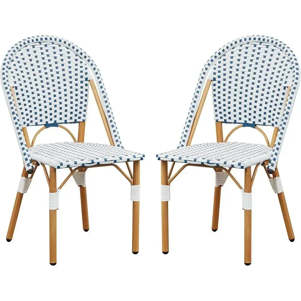 2-Piece Outdoor Wicker Bistro Chair Set with Blue & White Print for Patio, Porch, or Garden