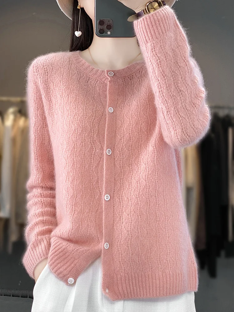 Spring Wool Cardigan Sweater Women Clothing Korean Fashion O-neck Long Sleeve Top Hollow Out Knitted Mujer Outerwear Pull Femme