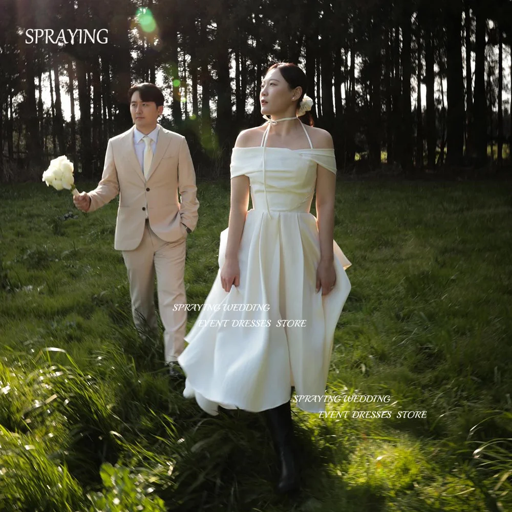 

SPRAYING Korea Wedding Dresses 2024 Boat Neck Halter Bridal Gown Off the Shoulder A-line Evening Party Dresses Photo Shoot