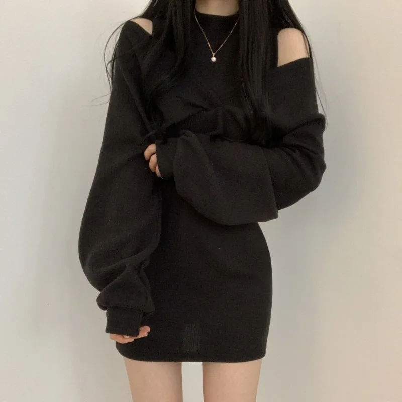 Casual Vestido Mujer Round Long Sleeve Fake Two Piece Black Sweater Dress Bodycon Sexy Slim Hollow Out Knitted Autumn Tight Mini