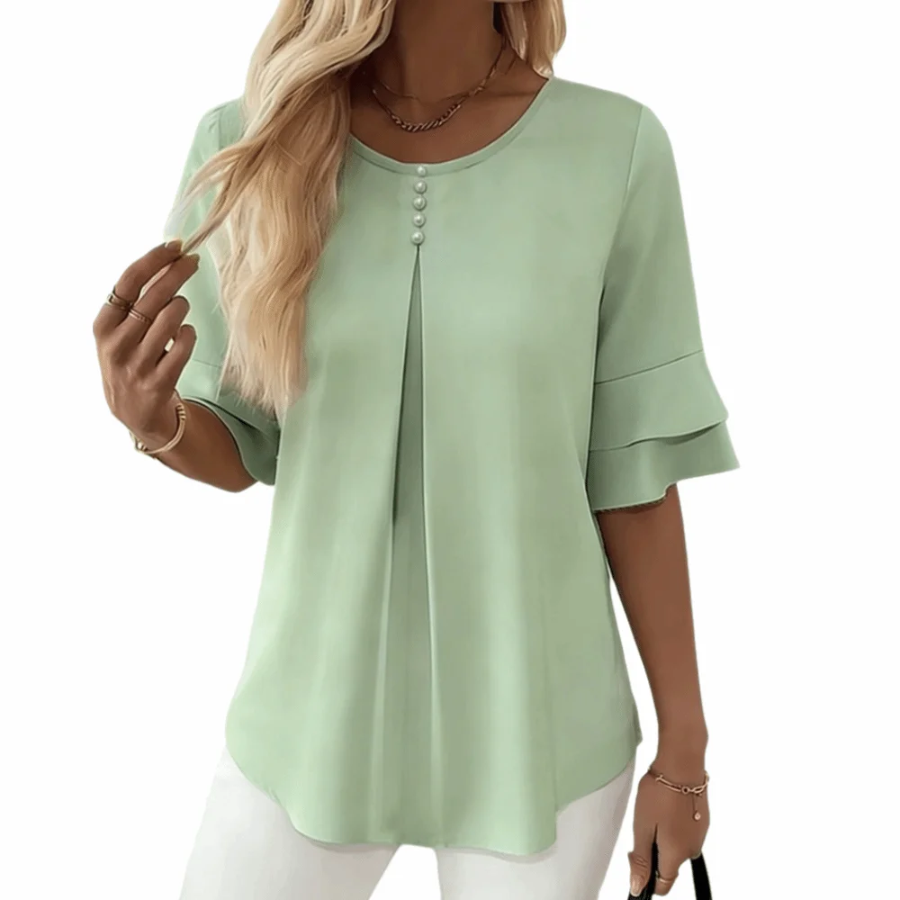 

Casual Elegant Women's Blouse 3/4 Flare Sleeve Solid Color Loose Woman Shirt Breathable Lightweight Summer Blouse Vacation