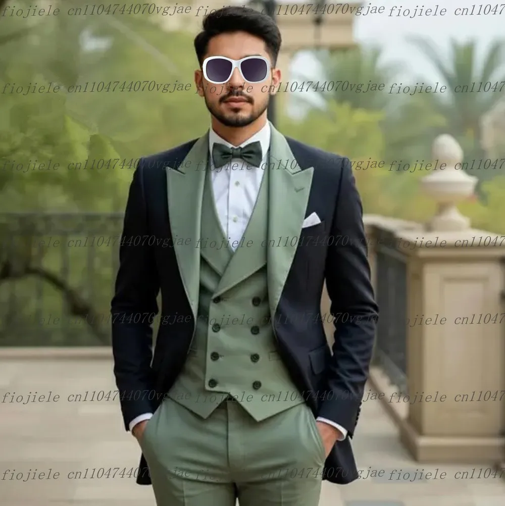 

New Mint Green And Black Men Suit Formal Wedding Party Groom Business Male Tuxedos Customized 3 Piece Set Jacket Vest Pants