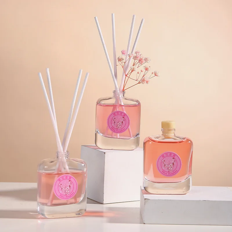 50ml Square Reed Diffuser Bottle with Sakura Essential Oil Diffuser Sets Hotel Home Aromatherapy Air Freshener Home Fragrance