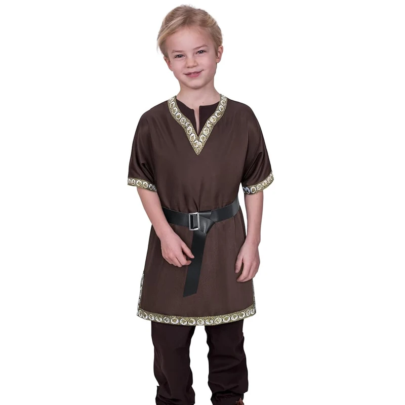 Mittelalterliches Kinderhemd-Kostüm, Piratenhemd für Jungen, Ritterhemd, Baumwoll-Leinen-Tunika, Oberteile, Renaissance-Halloween-Cosplay-Outfit – Detail 3