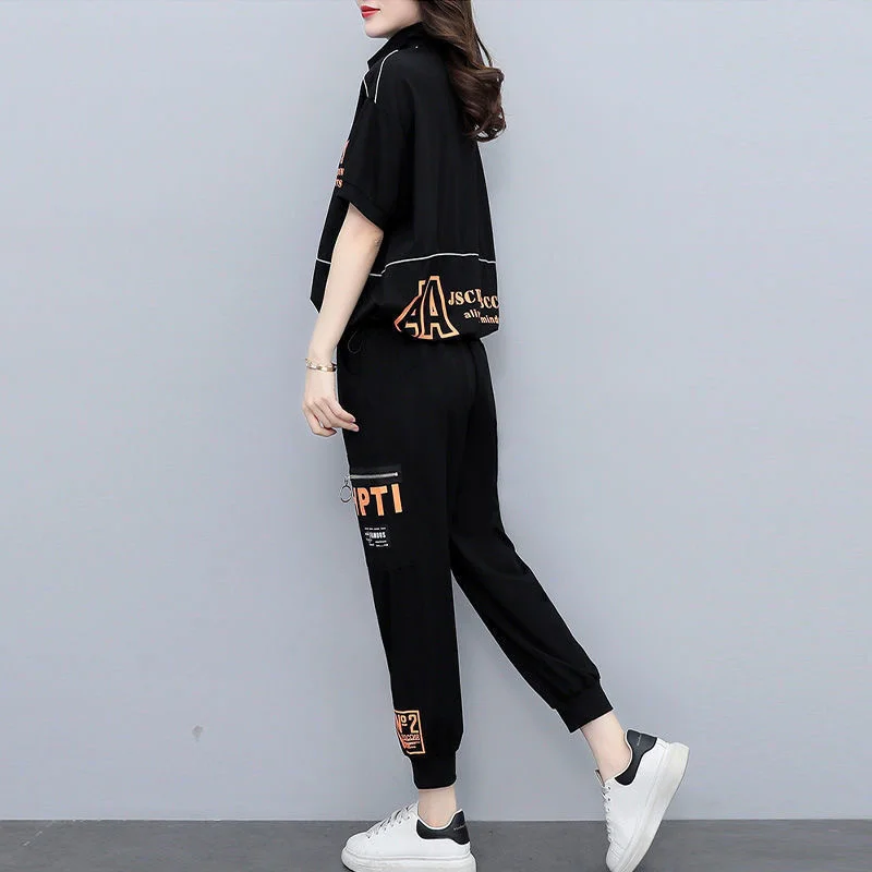 2023 Summer New Fashion Sports Leisure Suit Korean Style Loose Splicing Short Sleeve Tops Pencil Pants 2 Two Piece Set For Women