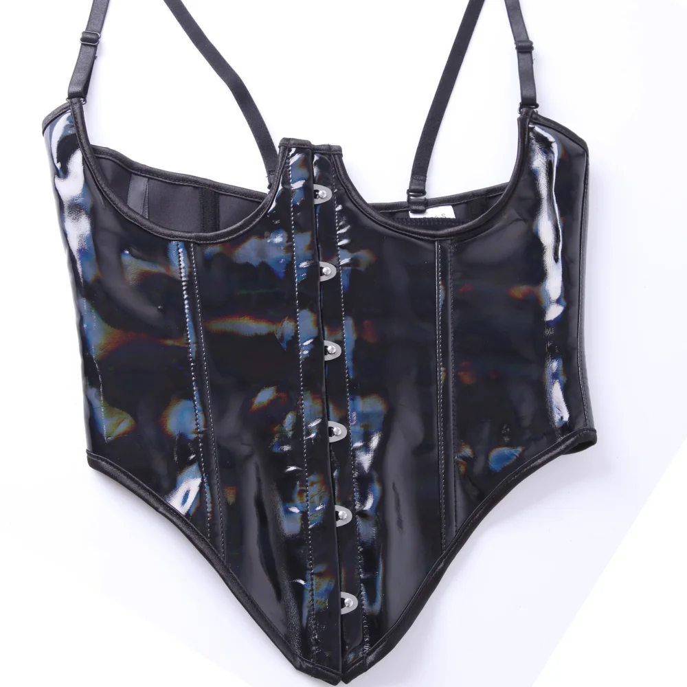 Y2K Holographic Bustier Corset Women Removable Strap Front Buckle Back Lace Up Waist Shaping Club Wear