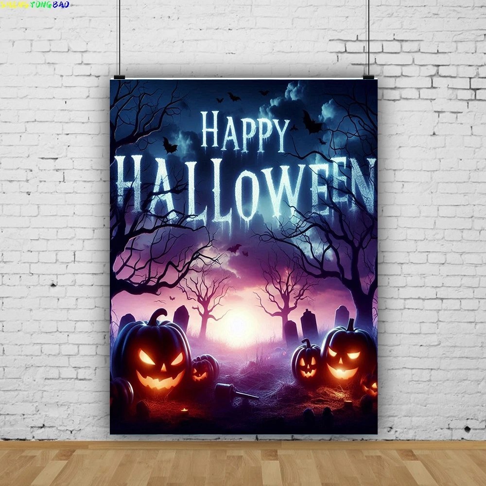 Happy Halloween Party Backdrop Full Moon Scary Night Castle Graveyard Forest Bats Pumpkin Lantern  Photography Background JS-1