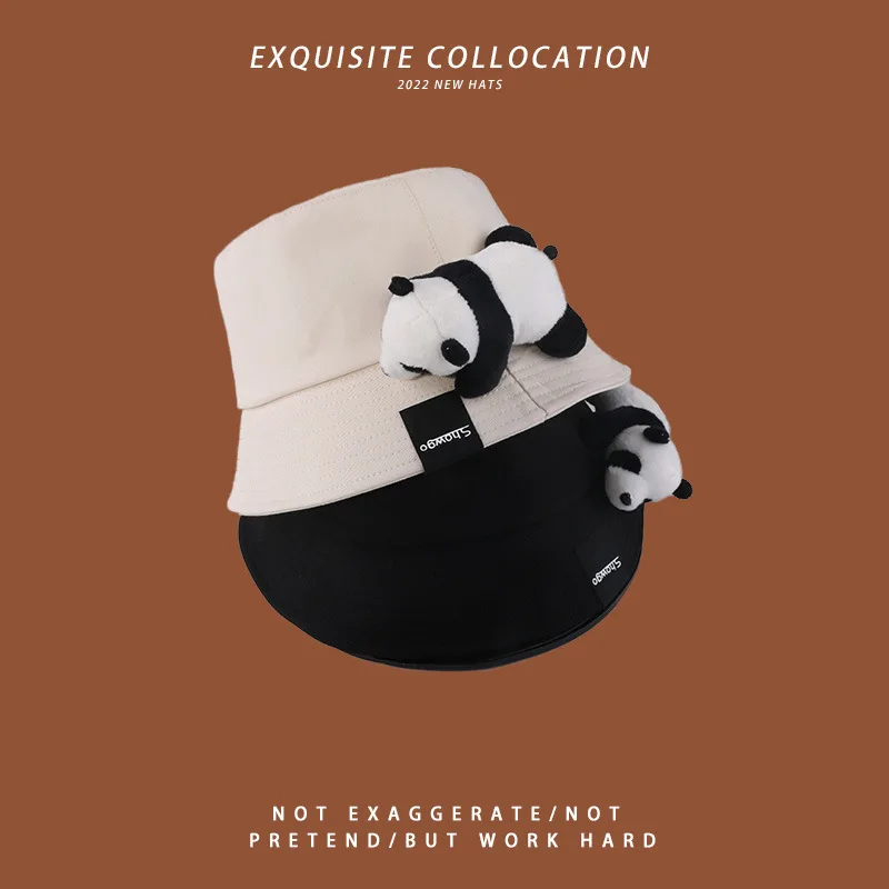 Hat Female Cute Panda Doll Bucket Hat Couple Men and Women All-Matching Student Solid Color Sun Hat Face-Showing Small Bucket Ca