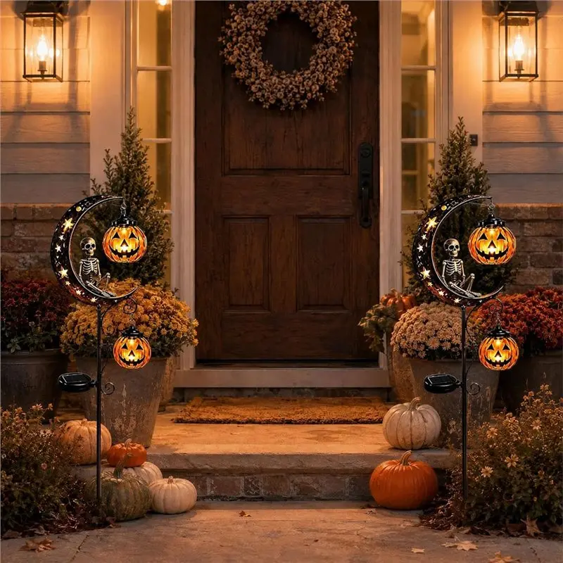 Exquisite-Solar Powered Halloween Garden Lights Auto On/Off Skull& Pumpkin Moon Pumpkins Skeletons Lantern Decor Outdoor Lawn Ir
