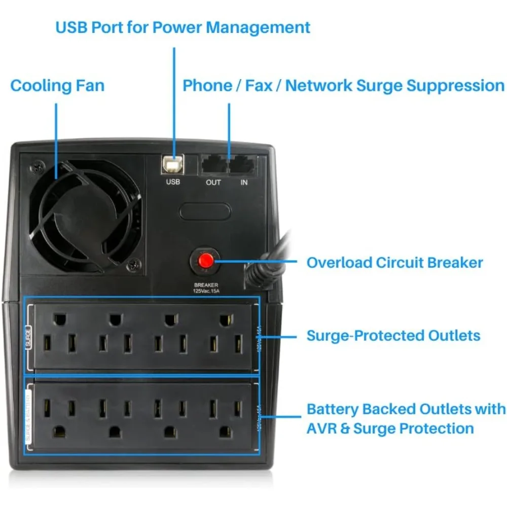 2000VA UPS, AVR, 735J Surge Protection, 8 Outlets, Line Interactive Uninterruptible Power Supply Battery Backup System