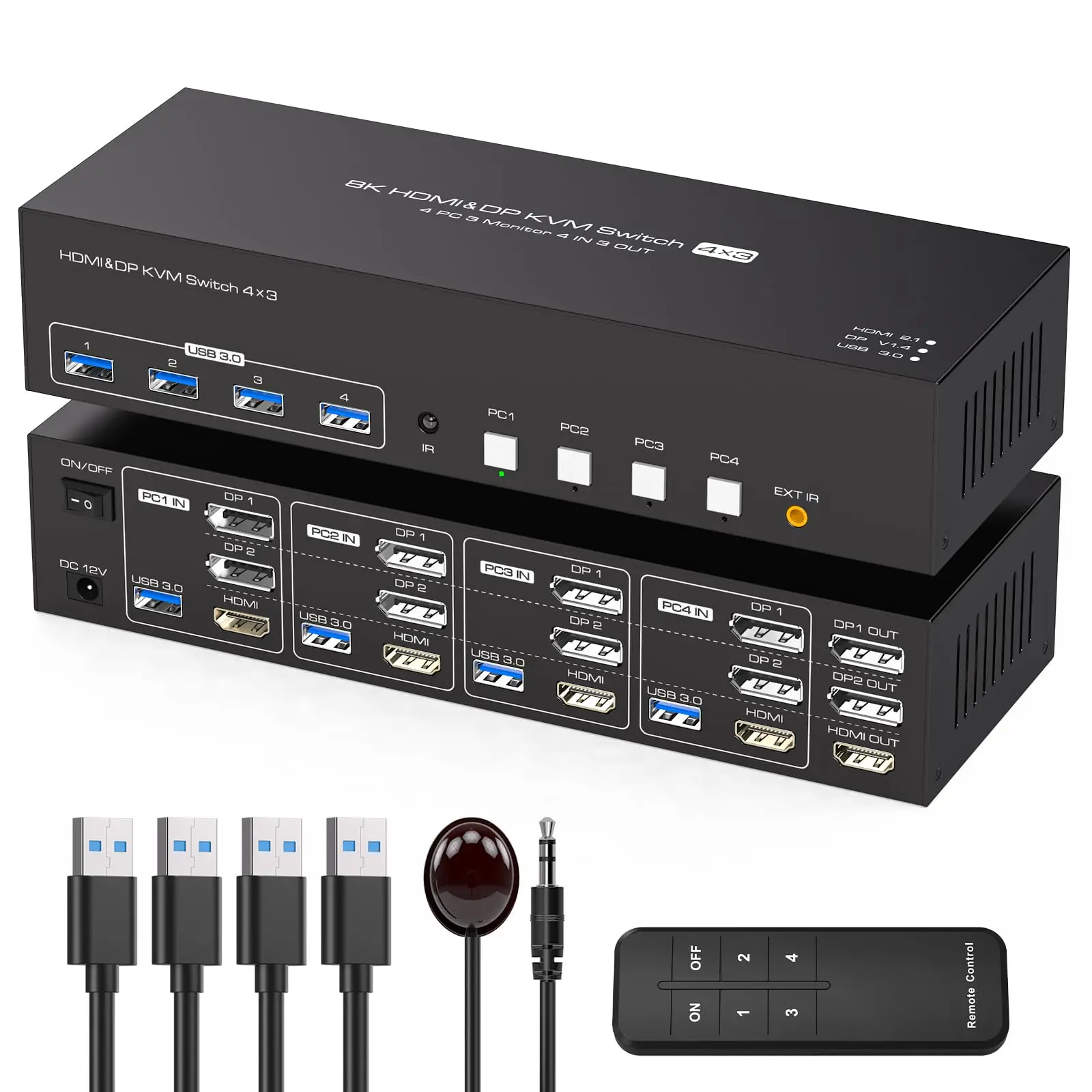 8K@60Hz 2 Displayport + HDMI KVM Switch 4 Computers 3 Monitors 4K@144Hz for 4 PC Sharing Triple Monitor and 4 USB 3.0 Devices