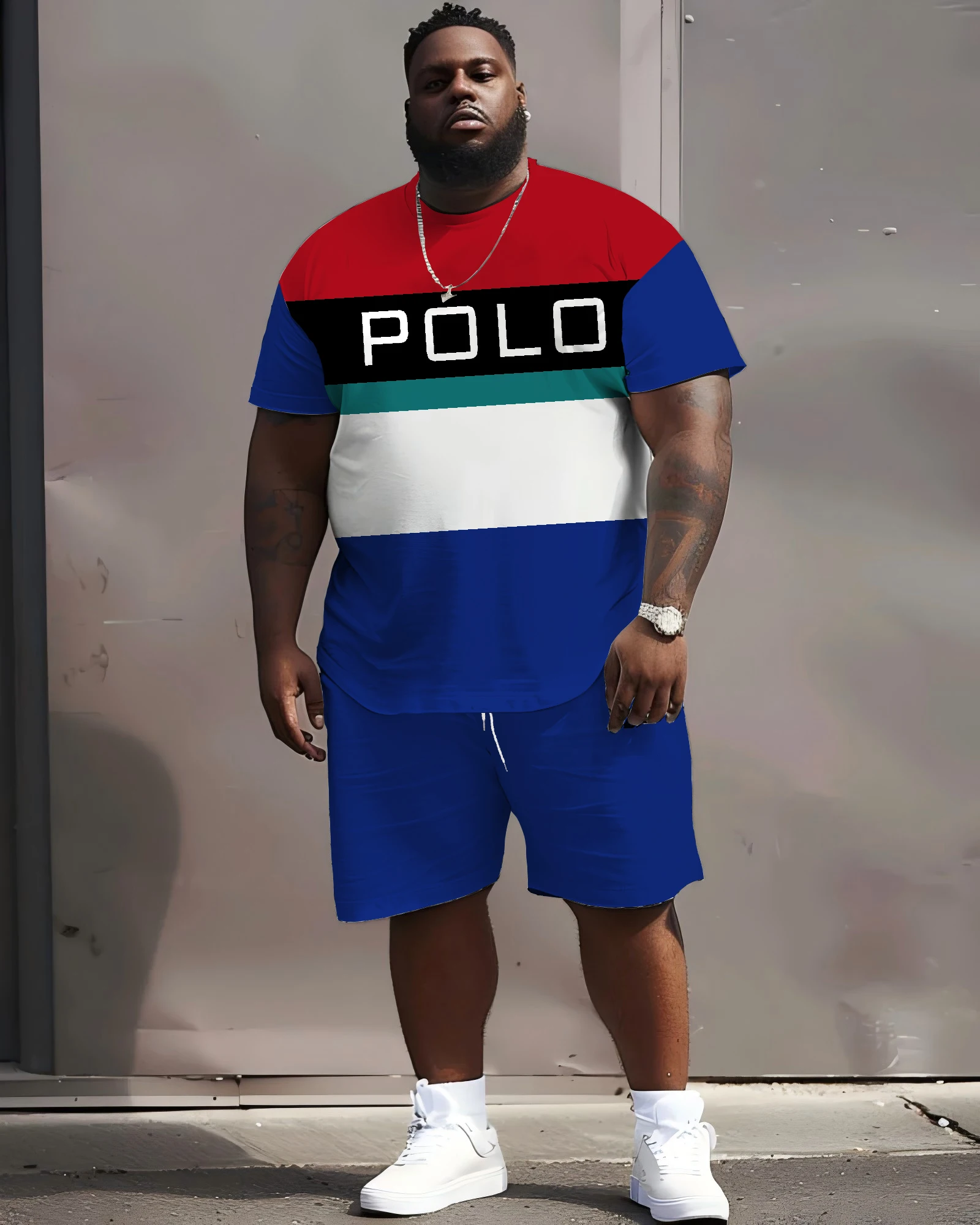 

2025 Best-Selling Plus-Size Urban Polo Check Print with Color-Blocking Design Men's T-Shirt & Shorts 2pc Set