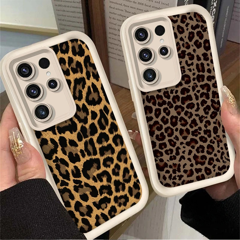 Brown Leopard Print Silicone Phone Case For Samsung Galaxy S24 S23 S22 S21 Ultra Plus FE A54 A34 A14 A73 A53 A33 Soft Back Cover