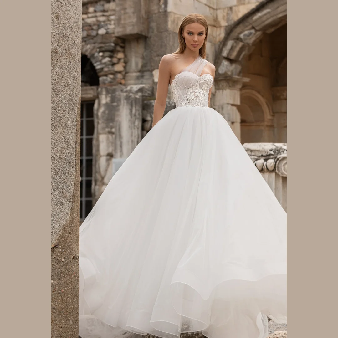 

Modern One-Shoulder Wedding Dresses Fashion Sweetheart Floral Appliques Corset Wedding Prom Dress Elegant A-line Bridal Gowns