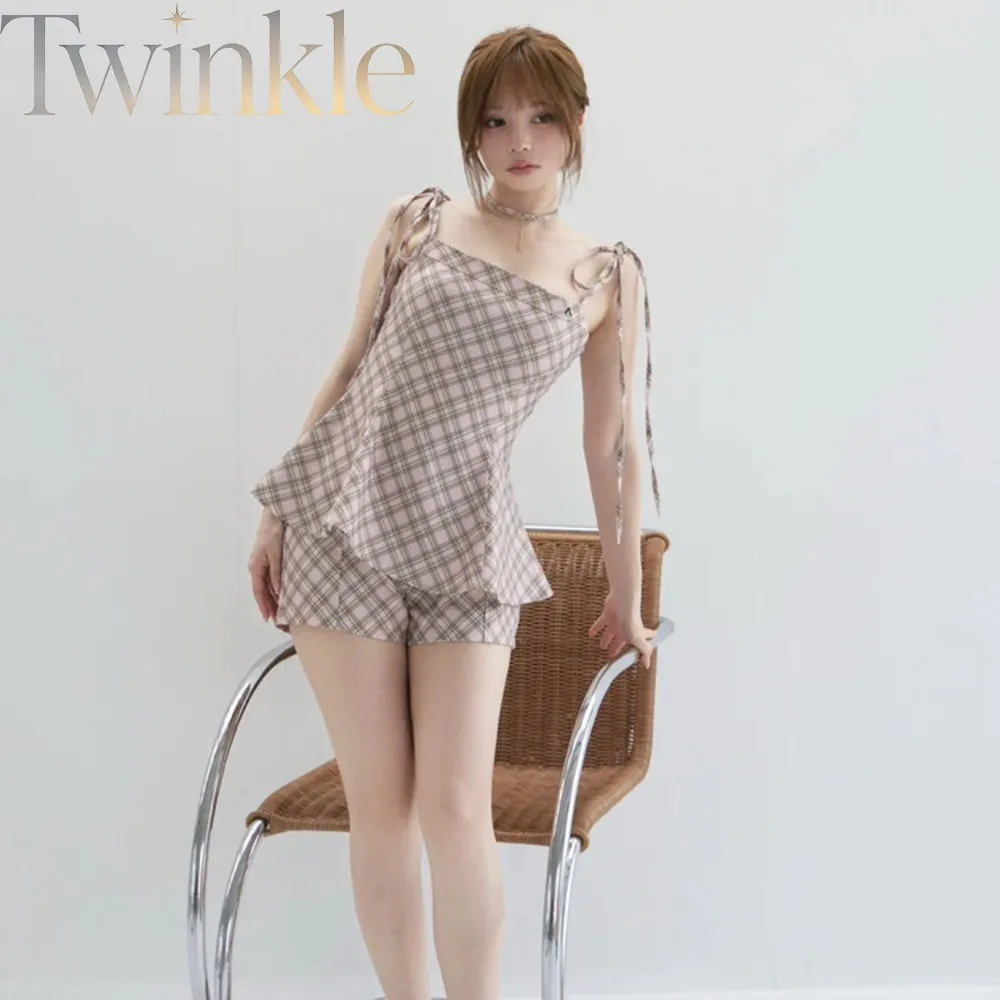 Japanese Style Pink Plaid Cami Shorts Two Piece Set Women Bow Tie Cami Top High Waist Casual Suit