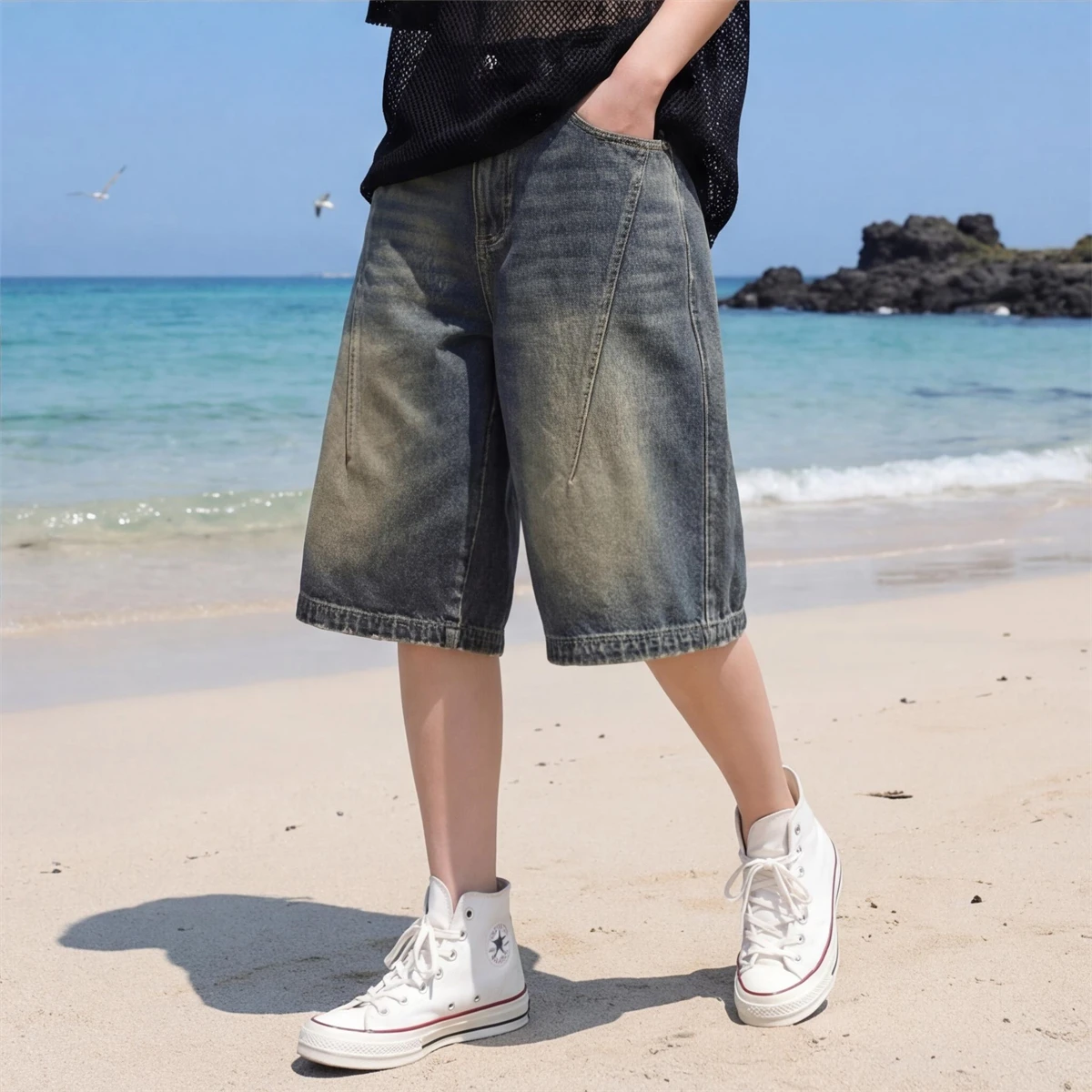 High Street Vintage Gradient Denim Shorts Loose Wide Leg Summer Casual Fashionable Versatile Must Have Shorts for Trendsetters