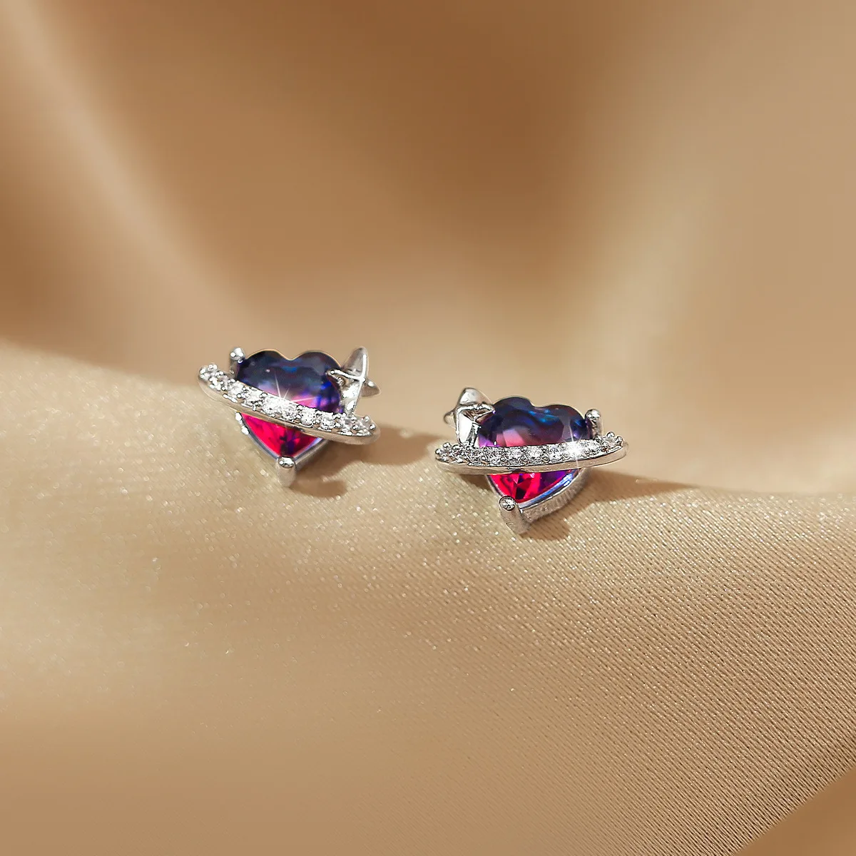 REETI 925 Stamp Silver Purple Heart-shaped Zircon Stud Earrings Women Girl Gift Cute Jewelry Wholesale