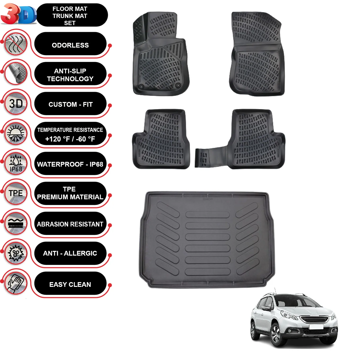 Peugeot 2008 - (2013-2019) - Floor Mats + Cargo Trunk Liner - SET - (Black)