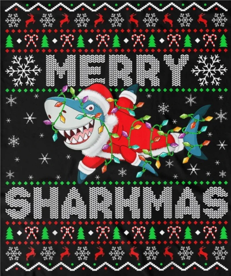 

Funny Santa Christmas Lights Ugly Merry Sharkmas T-Shirt 100% Cotton O-Neck Short Sleeve Casual Mens T-shirt Size S-3XL