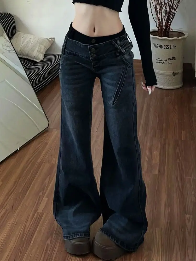 HOUZHOU Vintage Sexy Bootcut Jeans Grunge Kpop Patchwork Spicy Girl Flare Jeans Korean High Street Low Waist Washed Denim Pants
