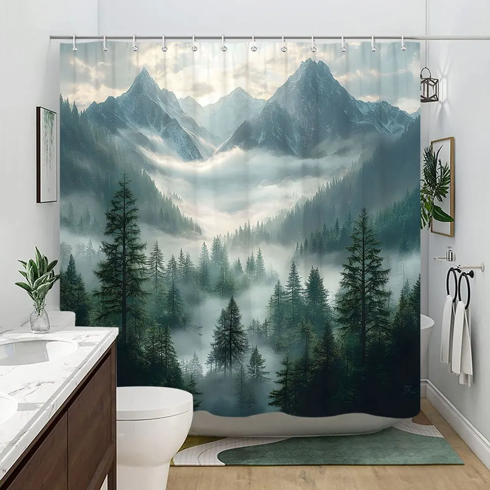Cortina de ducha impermeable Misty Mountain Forest para decoración de baño, diseño inspirado en la naturaleza, colores vibrantes, estilo único