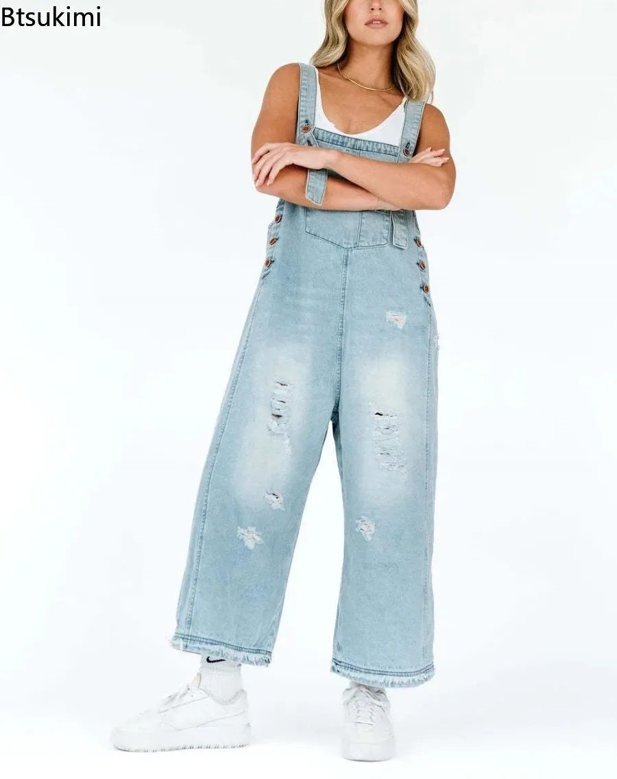 2026 Summer Women's Casual Loose Straps Jeans Vintage Hole Baggy Denim Pants Women Jumpsuit Harem Trousers with Pockets Overalls