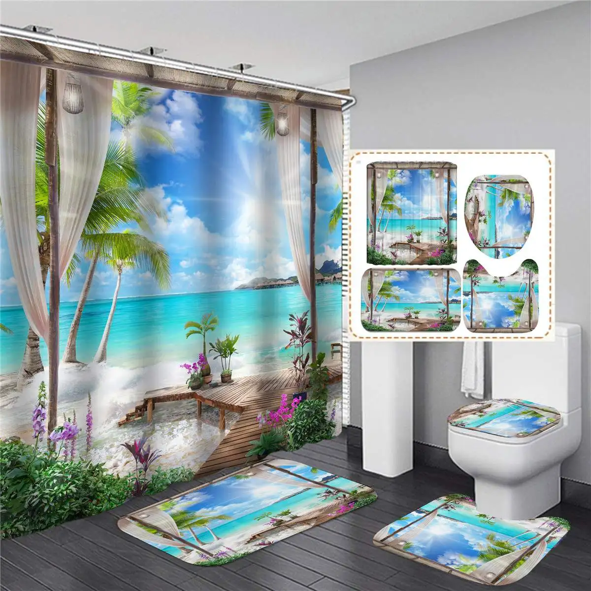 Oceaan Boom Zomer Strand Gedrukt Douchegordijn Set Waterdicht Badkamer Wc Deksel Cover Voetstuk Rug Antislip Bad mat