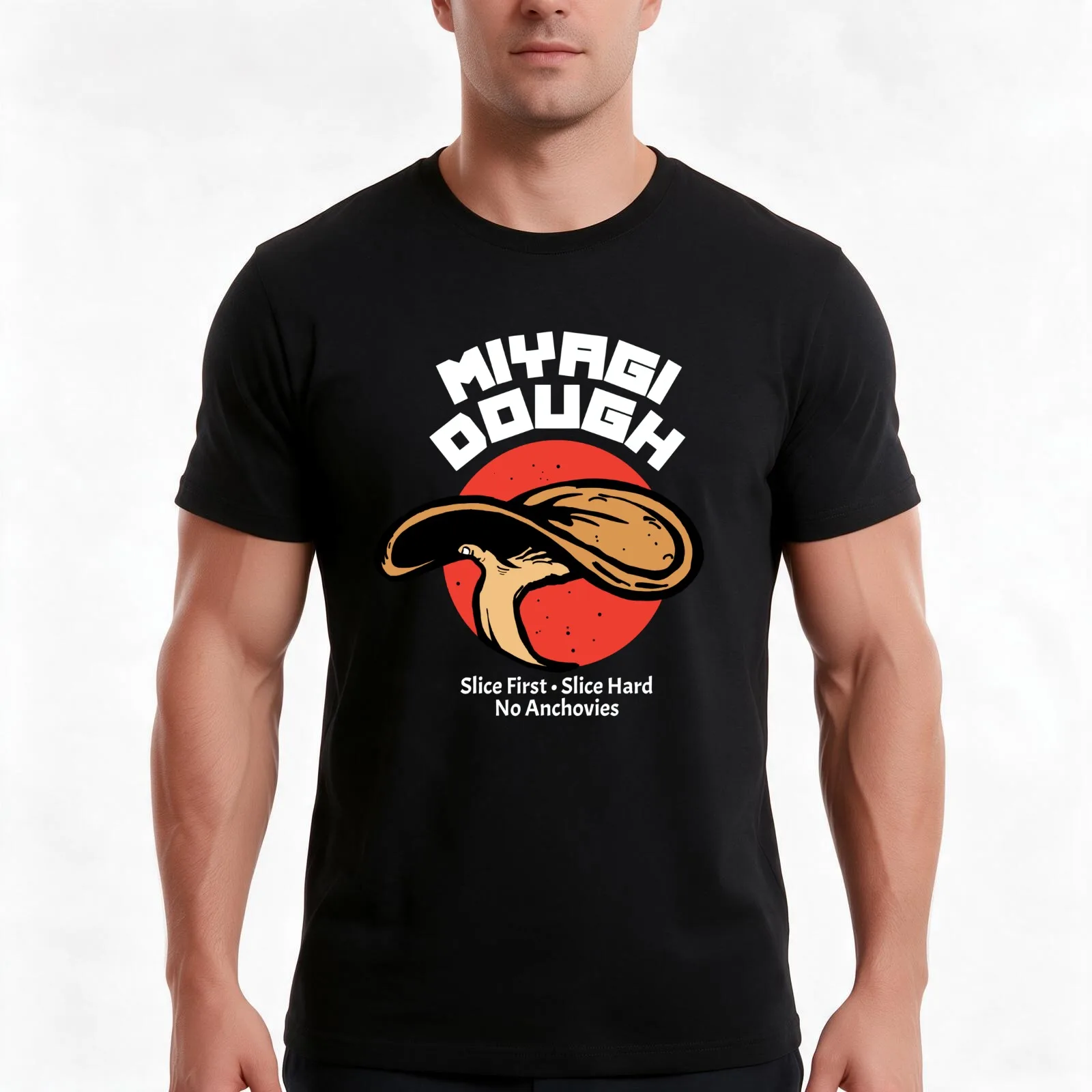 Miyagi Dough Pizza T-Shirt, Summer Casual Cotton Tee, Oversized Streetwear Tops, Vintage Graphic Print, Loose Fit Short Sleeve