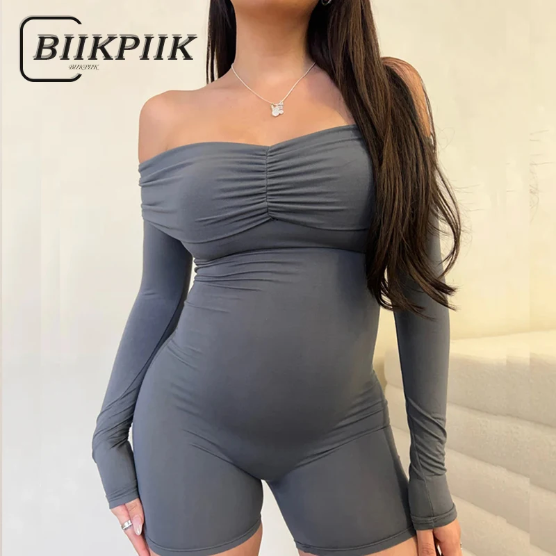 

BIIKPIIK Shirring Long Sleeve Playsuits For Women Boat Neck Sexy Skinny Rompers Casual Sporty Overalls Trendy Autumn Jumpsuits