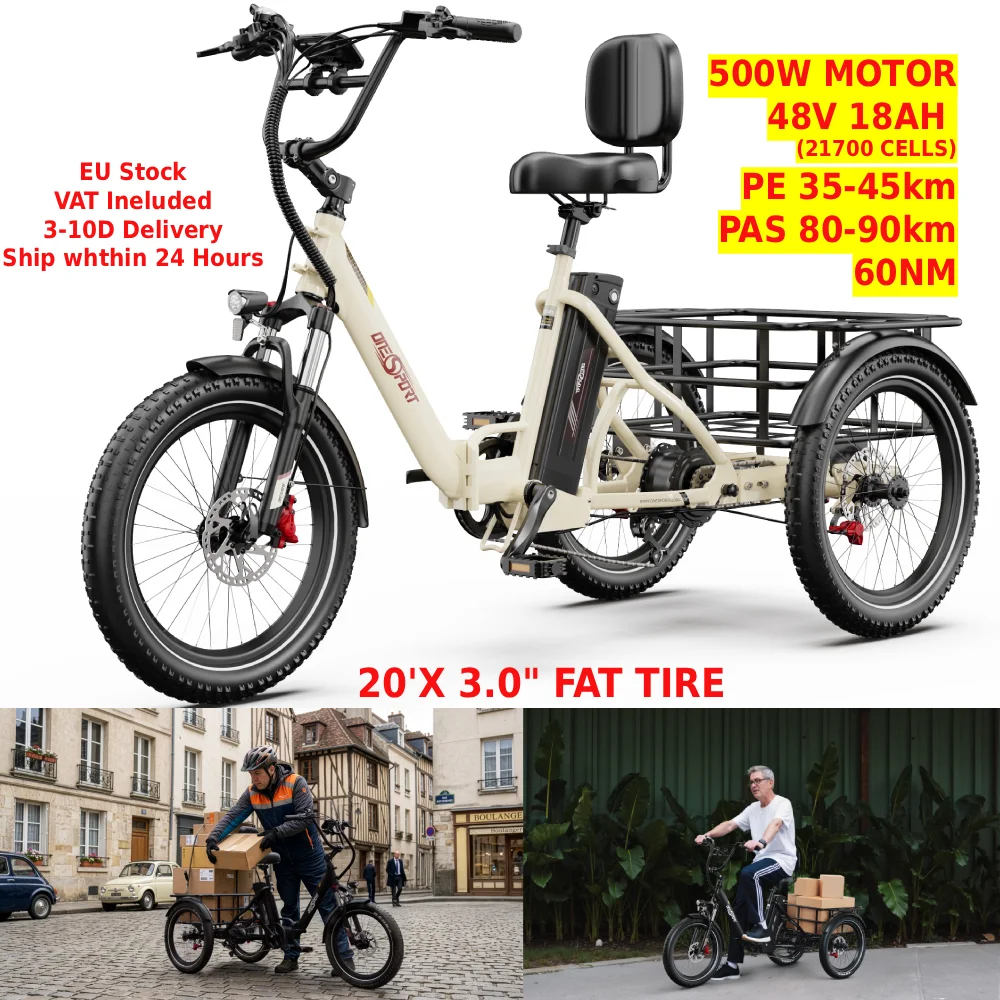 Tricycle électrique pliable ONESPORT OT30PRO 48V 500W Batterie 18Ah Capteur de couple 7 vitesses Freins à disque hydrauliques Vélo cargo électrique avec application