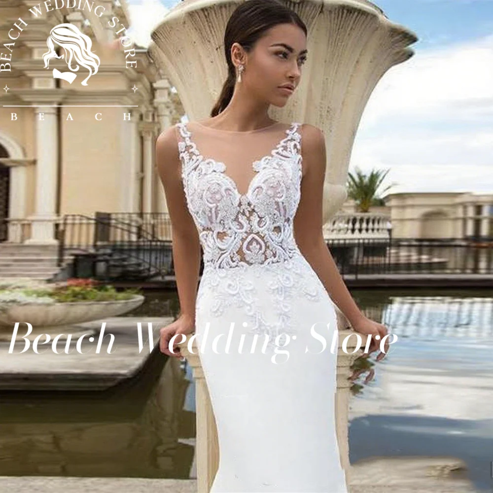 

Beach Customized Illusion Neckline Sleeveless Lace Applique Sheer Bodice Mermaid Wedding Dress 2025 Open Back Train Bridal Gowns