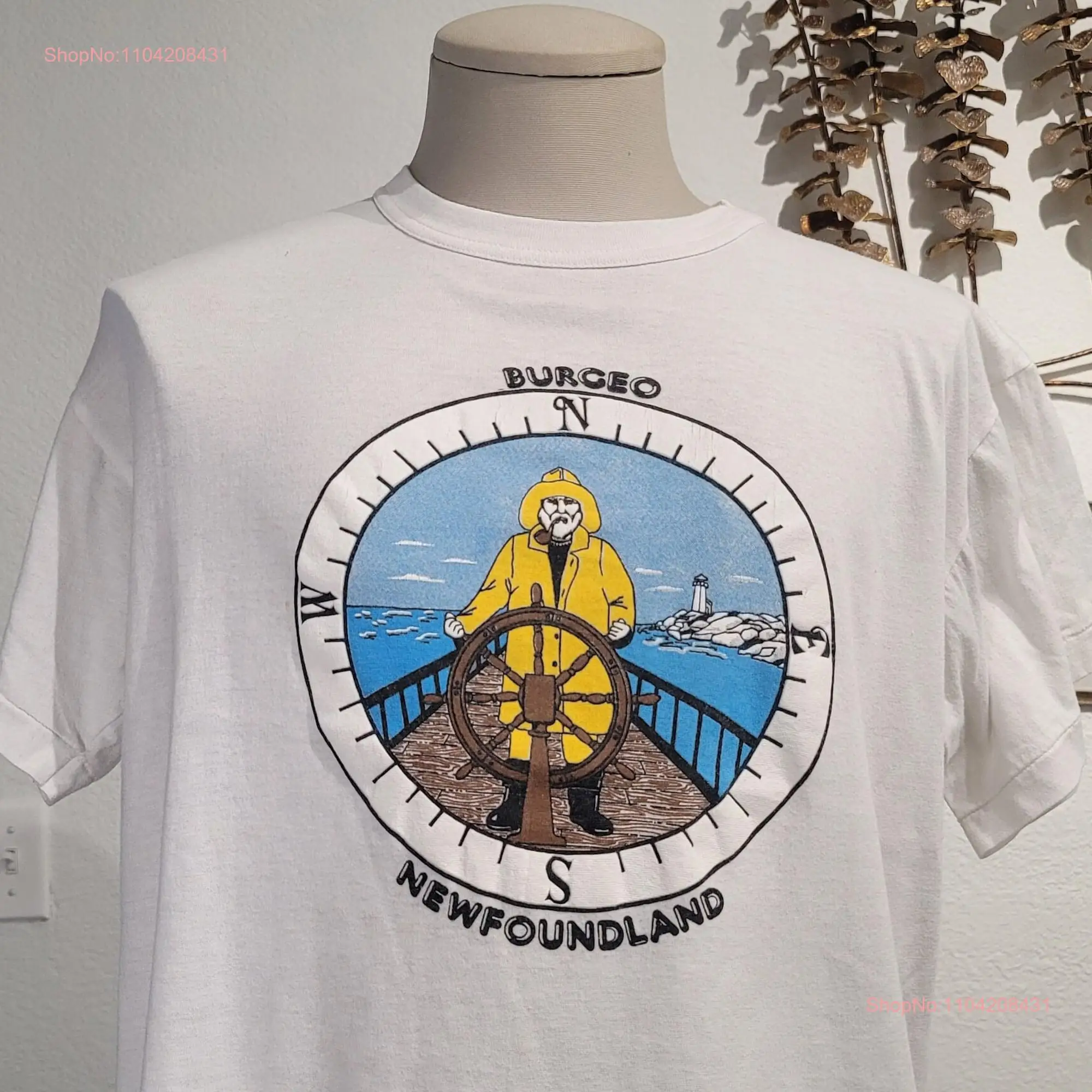 Vintage 80s Burgeo Newfoundland Compas Sailor Fisherman white T shirt size XL long or short sleeves