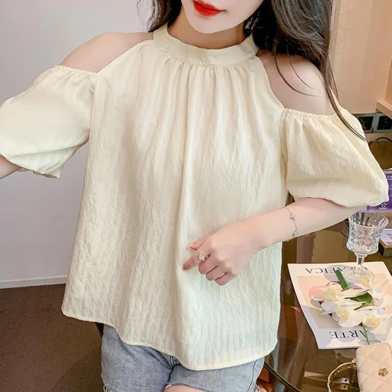 Summer Solid Color Pullover Round Neck Bow Bandage Beaded Puff Short Sleeve T-shirt Korean Fashion Sweet Women\'s Clothing Tops