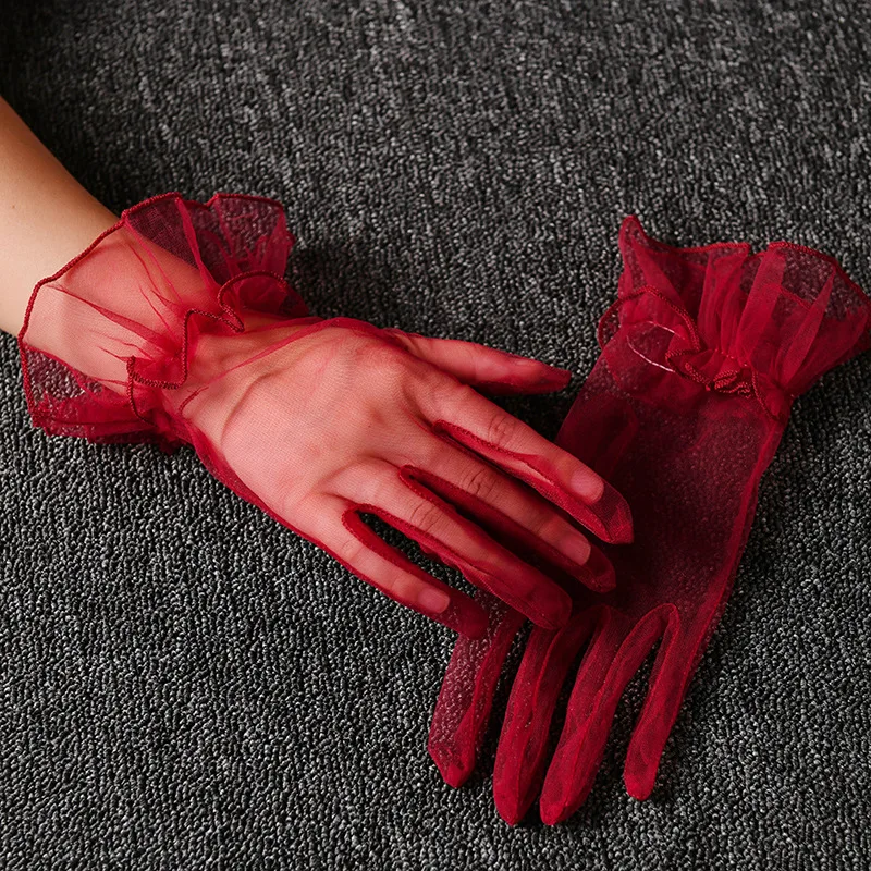 Retro Spring Summer Women Short Tulle Gloves White Black Wedding Gloves Stretchy Lace Full Finger Mittens Mesh Translucent Glove image 4
