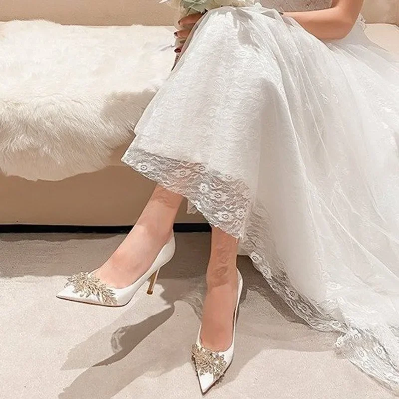 Satin Rhinestone Crystal Shallow Pumps Stiletto High Heel Fashion Women\'s Spring White Women Bridal Wedding Dress Heels Women