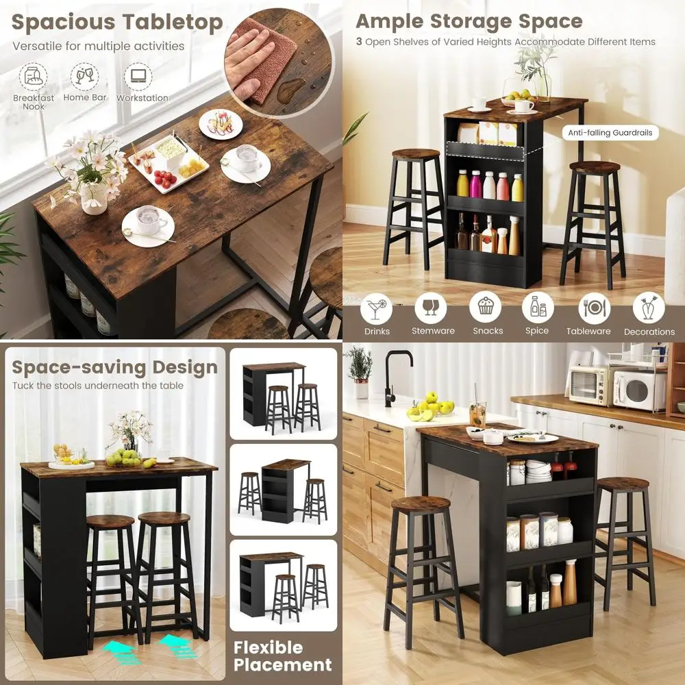 

Барный стол на 36 персон с 3 полками и 2 стульями, идеально подходит для кухни или обеденной зоны, в деревенском стиле, коричневый и черный цвета.