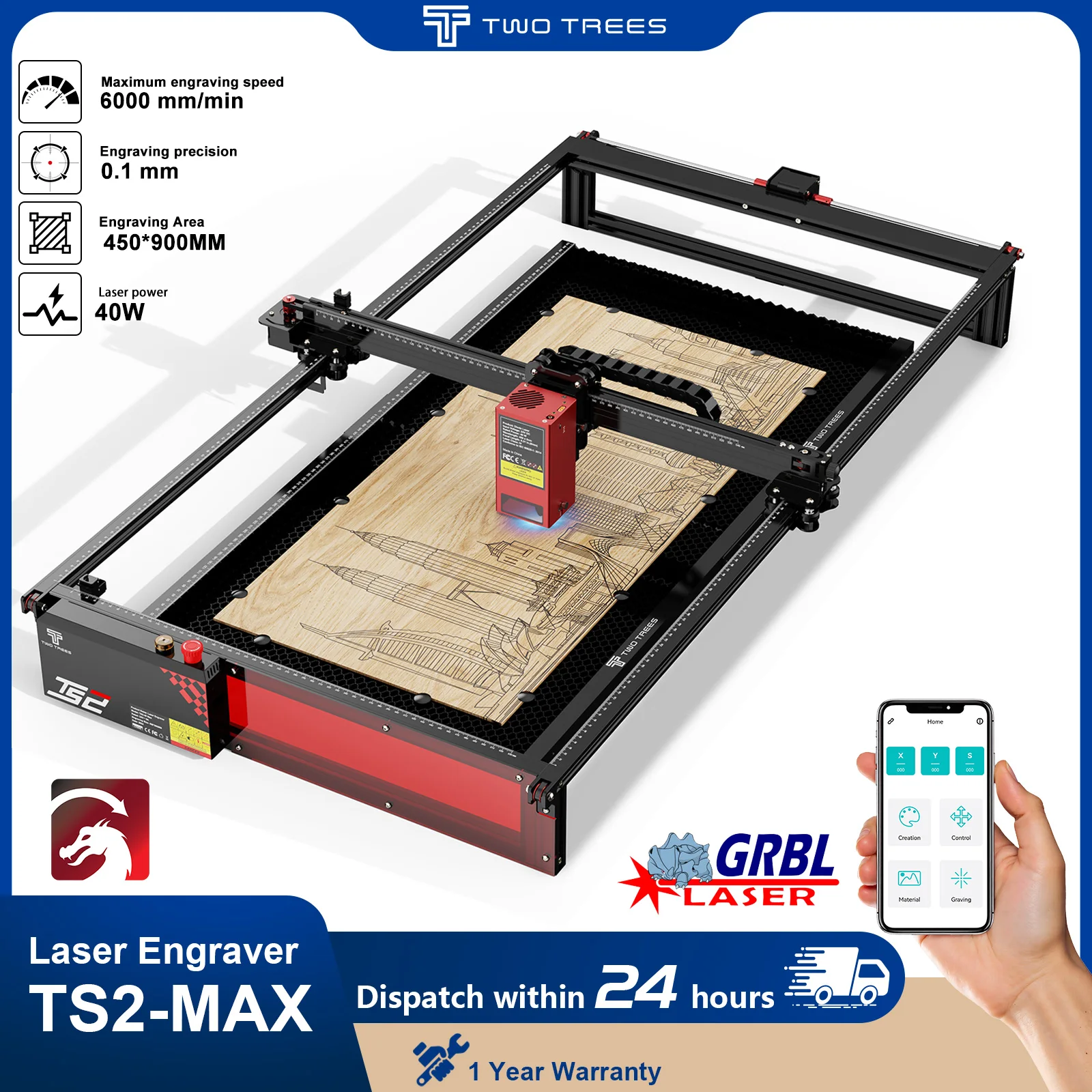 

Twotrees TS2-40W Станок для лазерной резки Металлический лазерный гравировальный станок Резьба по фреску Инструменты с ЧПУ Лазерный гравер из нержавеющей стали