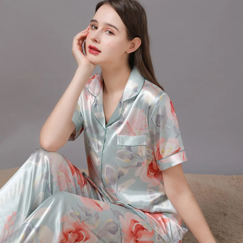 

Silk Satin Two-Pieces Pajama Sets Female Fashion Printed Summer Short Sleeve Faux Ice Silk Thin Women Pyjama Homewear 8373A