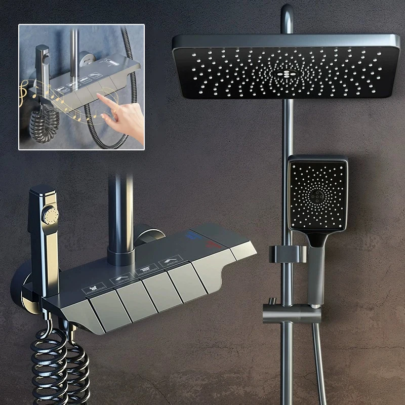 

Gun Grey Shower Faucet Set Piano Key Design Brass Thermostatic Mixing Valve High Pressure Rainfall Shower System Bathroom